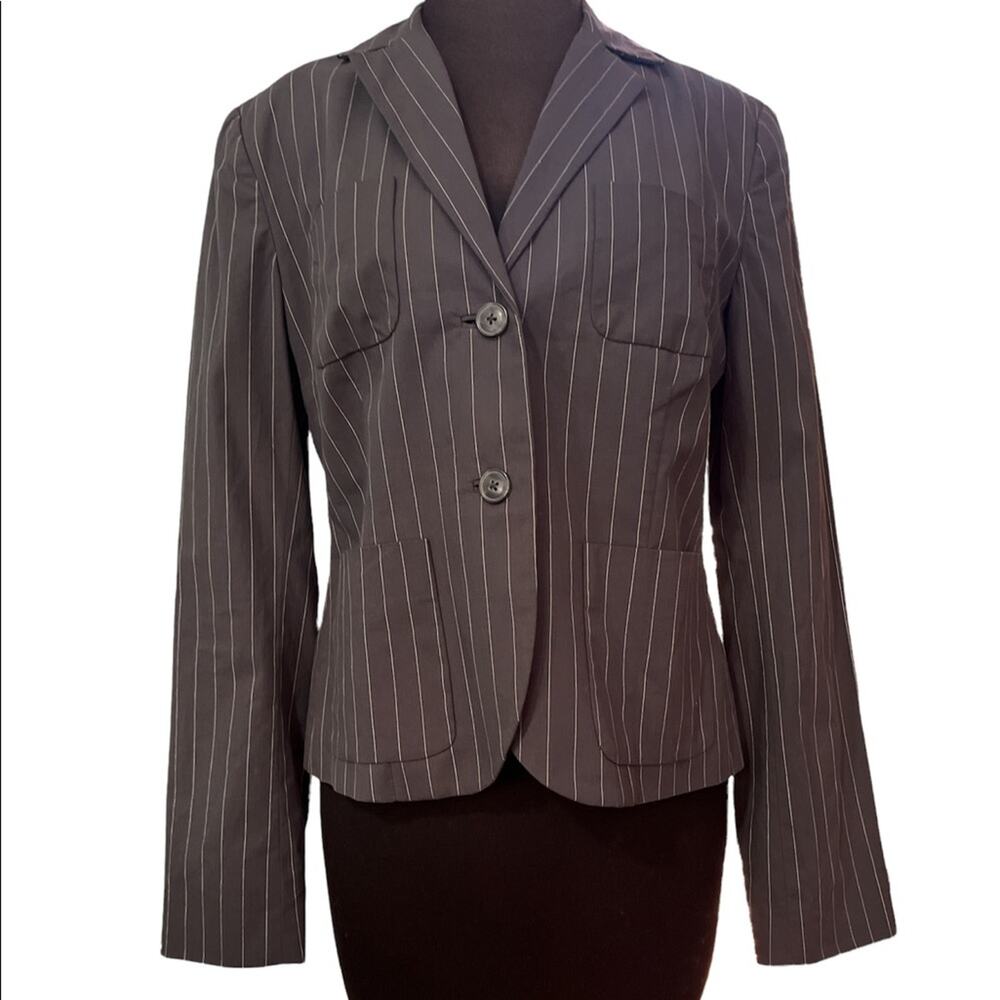 CAbi Classic Gray White Pinstripe Menswear Capusule Cotton Blend Office Blazer 8